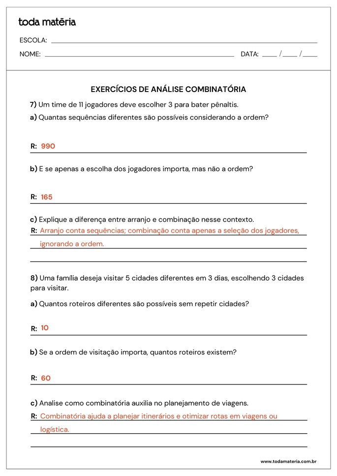 atividades sobre análise combinatória para 2º ano do ensino médio_folha de resposta 4