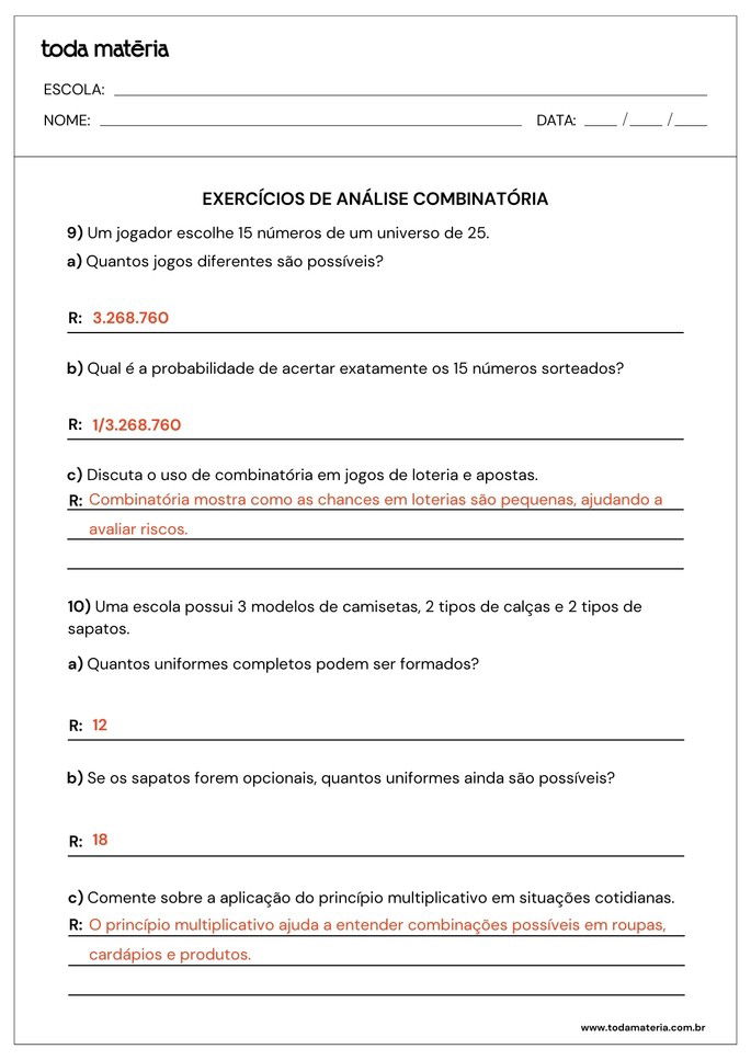 atividades sobre análise combinatória para 2º ano do ensino médio_folha de resposta 5