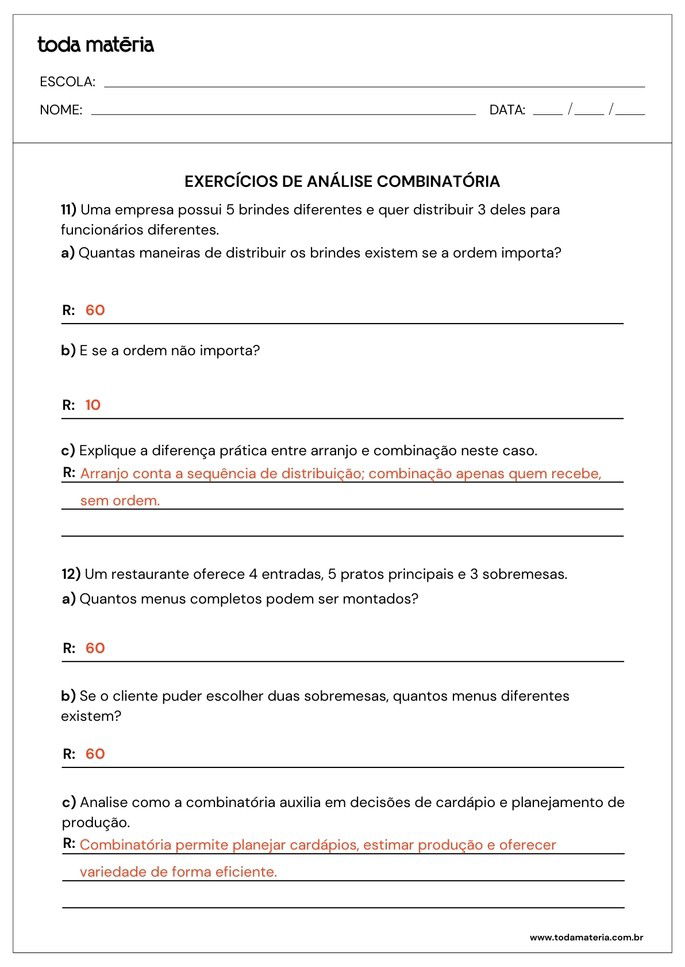 atividades sobre análise combinatória para 2º ano do ensino médio_folha de resposta 6