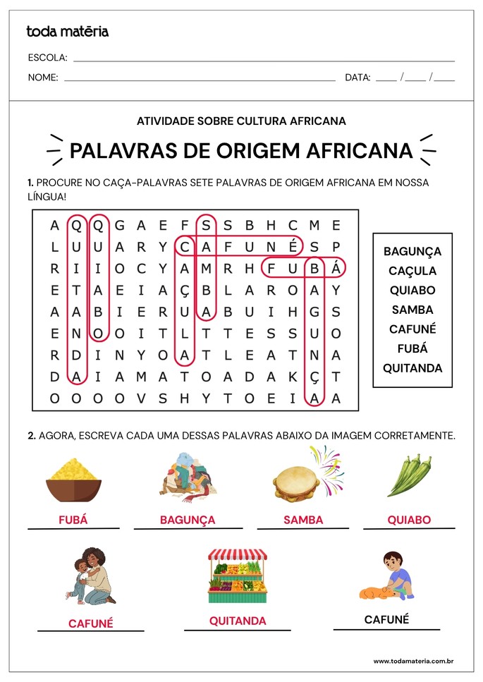 Resposta de atividade de ca&ccedil;a-palavras sobre cultura africana para Educa&ccedil;&atilde;o Infantil