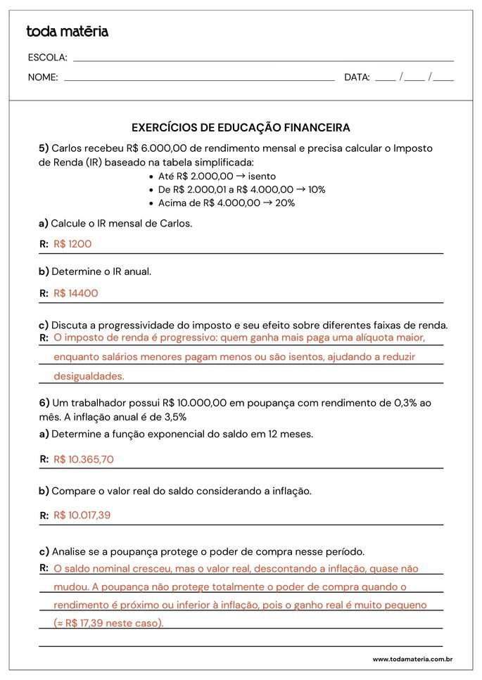 atividades sobre educação financeira para 2º ano do ensino médio_folha de resposta 3