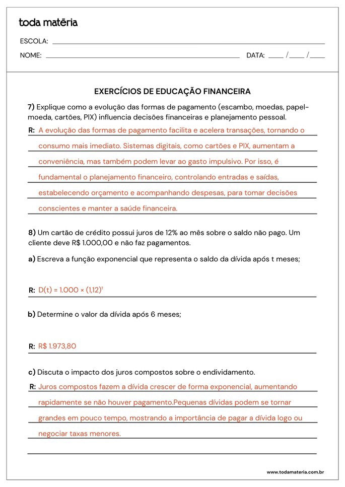 atividades sobre educação financeira para 2º ano do ensino médio_folha de resposta 4