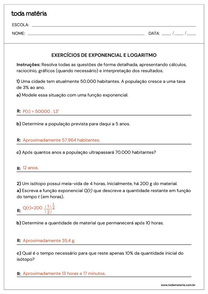 atividades sobre exponencial e logaritmo para 2º ano do ensino médio_folha de resposta 1