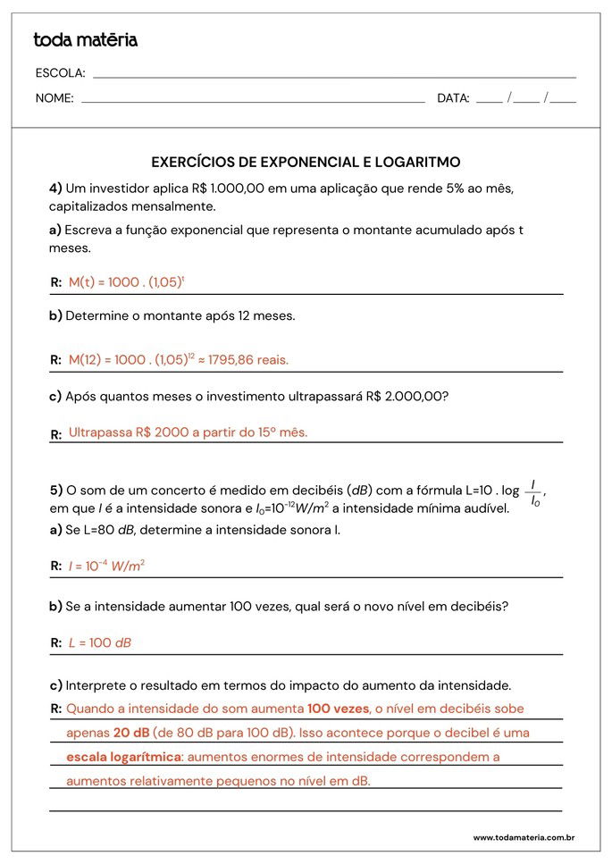 atividades sobre exponencial e logaritmo para 2º ano do ensino médio_folha de resposta 3