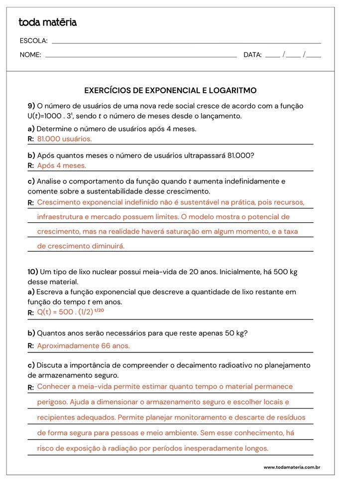 atividades sobre exponencial e logaritmo para 2º ano do ensino médio_folha de resposta 5