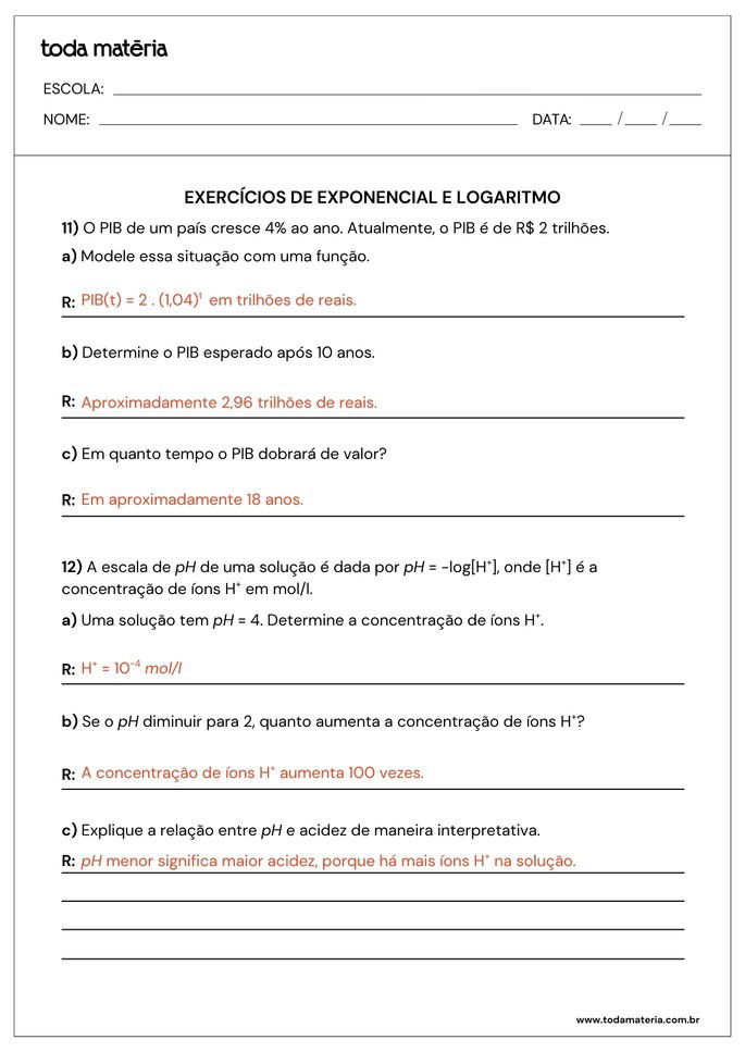 atividades sobre exponencial e logaritmo para 2º ano do ensino médio_folha de resposta 6