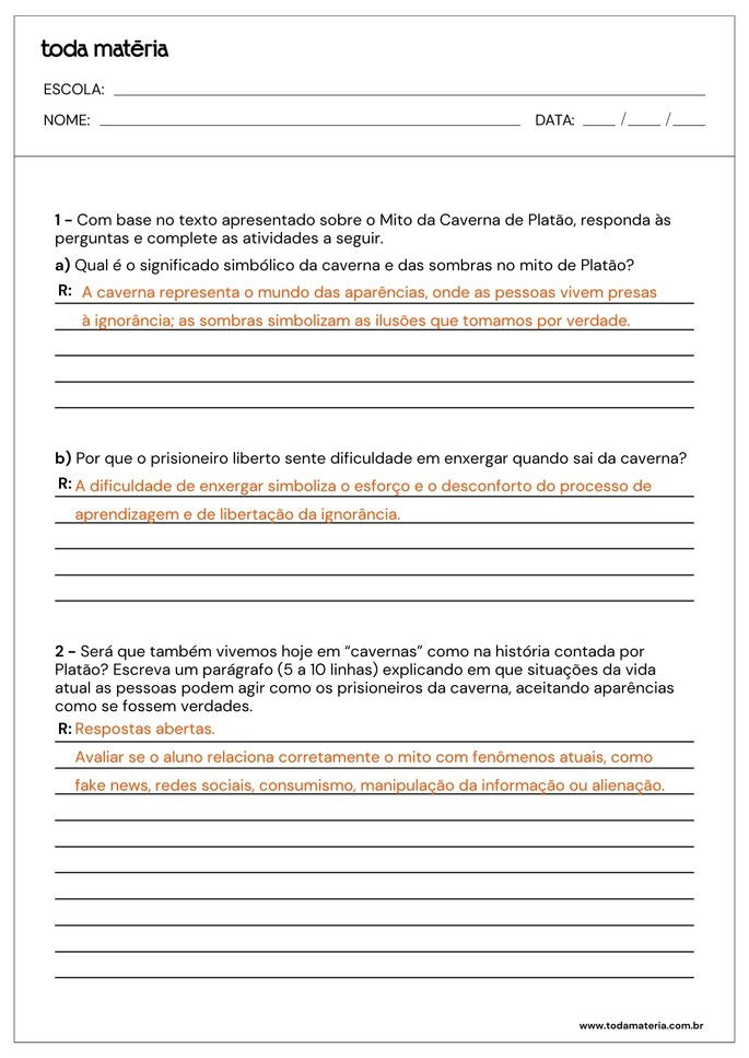 Resposta da folha de atividades sobre o Mito da Caverna de Platão para o Ensino Médio