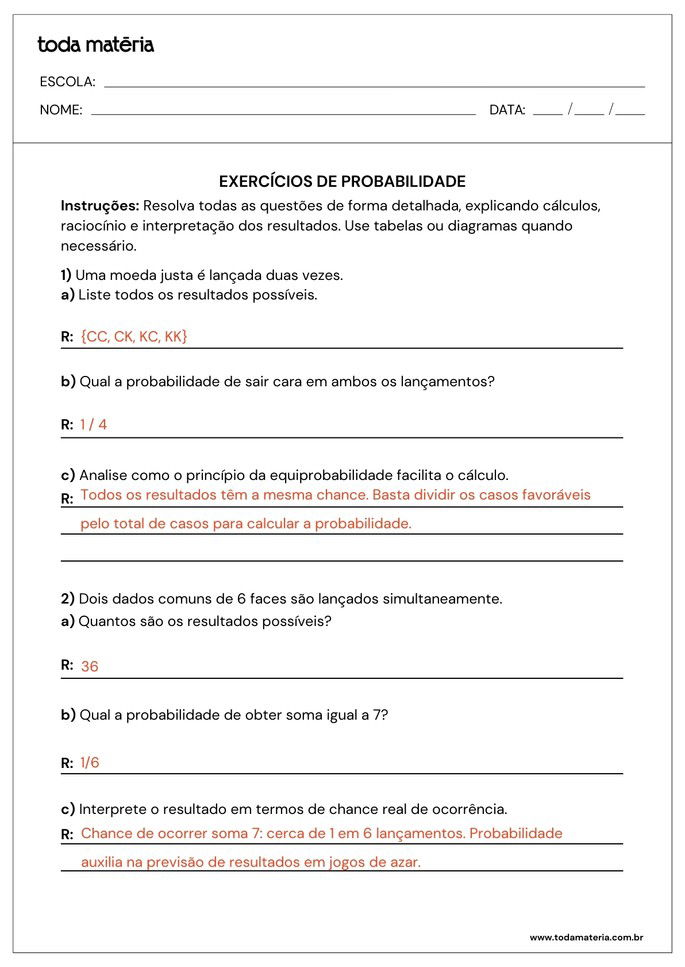 atividades sobre probabilidade para 2º ano do ensino médio_folha de resposta 1
