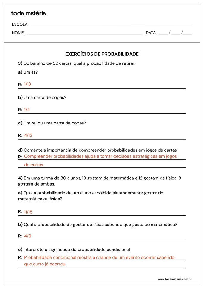 atividades sobre probabilidade para 2º ano do ensino médio_folha de resposta 2