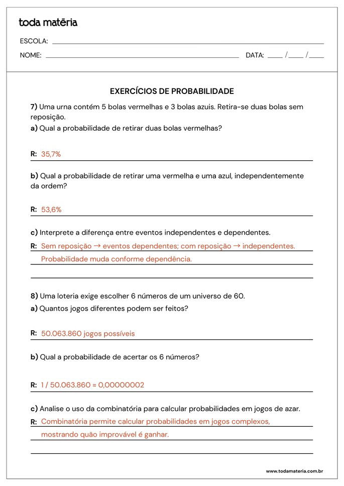 atividades sobre probabilidade para 2º ano do ensino médio_folha de resposta 4