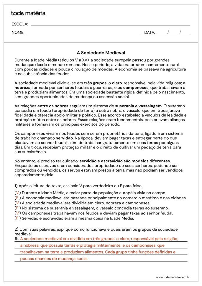 atividade de verdadeiro ou falso e pergunta aberta sobre a idade média_respostas