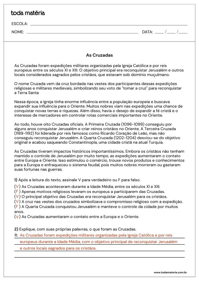 atividade de verdadeiro ou falso e pergunta aberta sobre as cruzadas_respostas