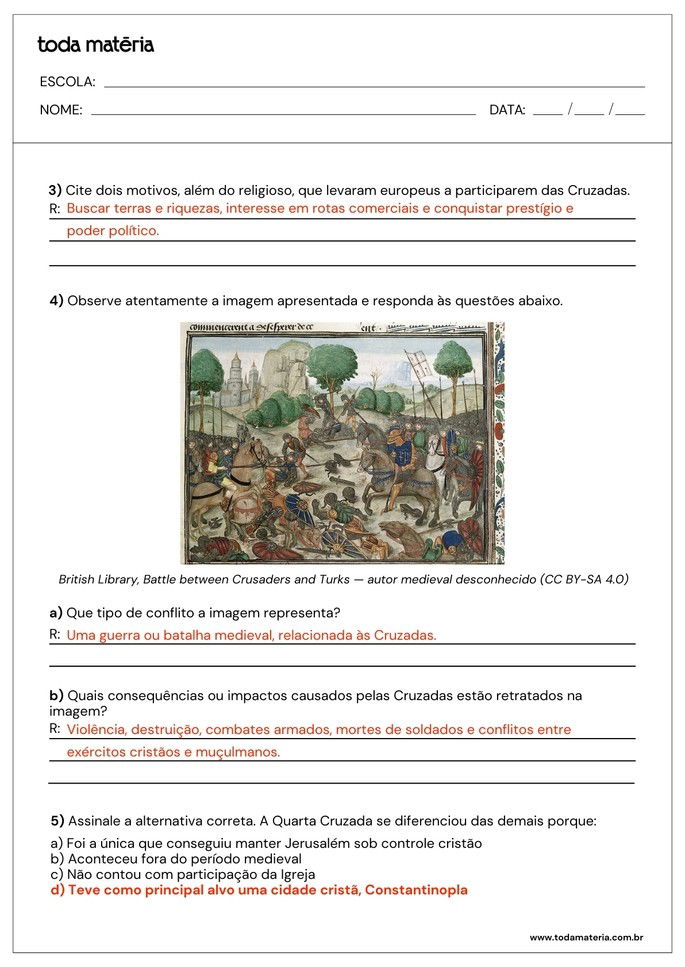 atividade sobre as cruzadas com questões abertas e de múltipla escolha_respostas