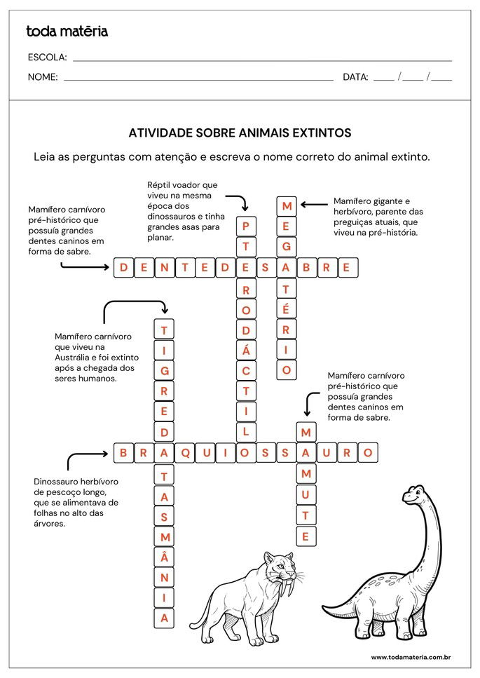 resposta de palavras cruzadas sobre animais extintos