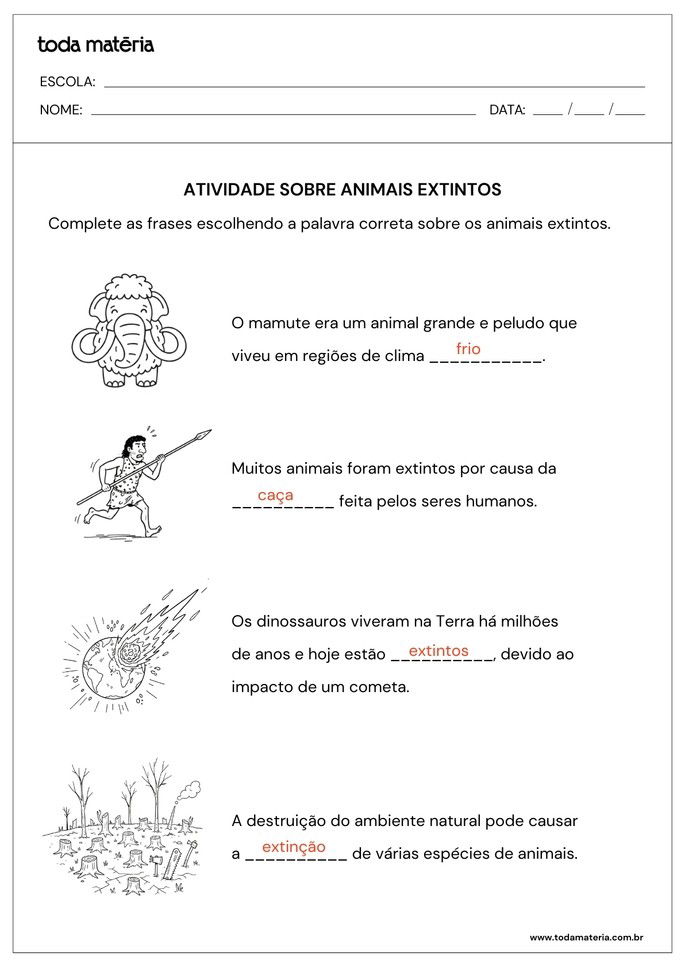 resposta de atividade de complete sobre animais extintos