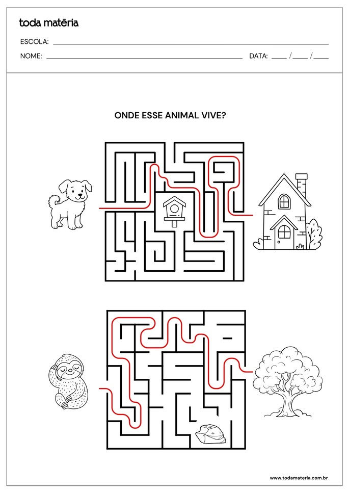 Atividades de labirinto sobre animais dom&eacute;sticos e selvagens para 1&ordm; e 2&ordm; anos_respostas