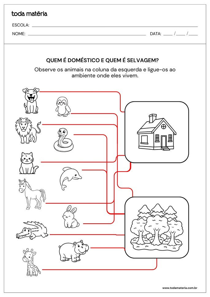 Atividades de ligar sobre animais dom&eacute;sticos e selvagens para 1&ordm; e 2&ordm; anos_respostas