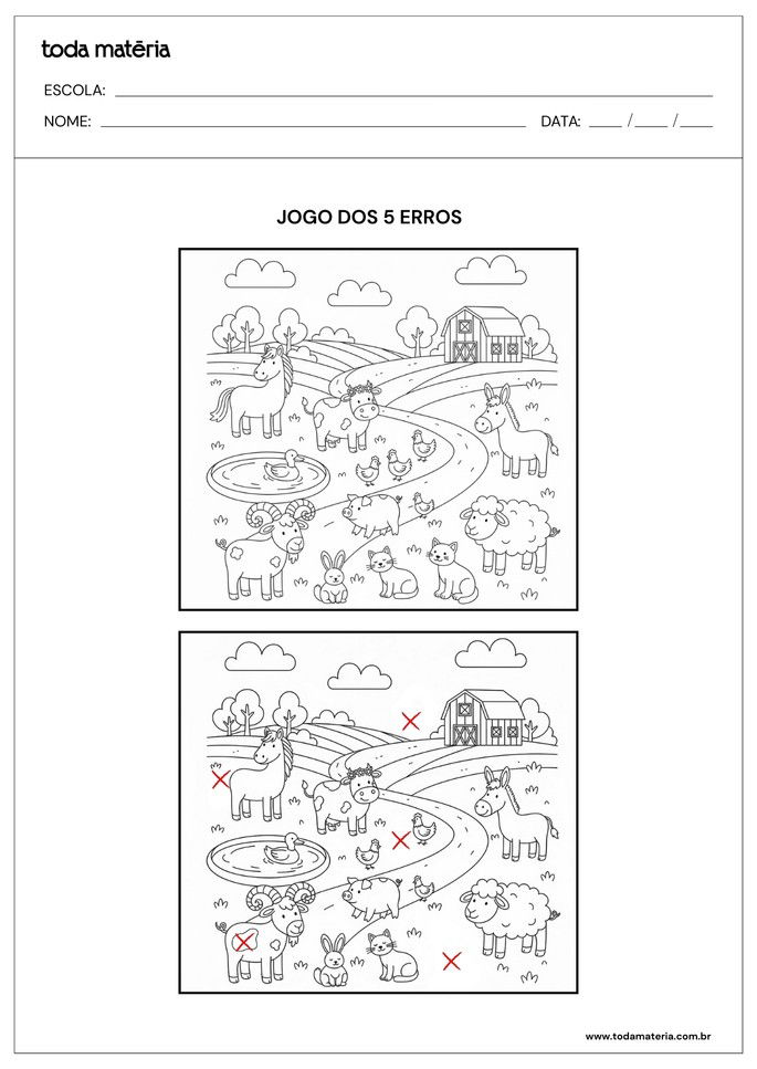 Jogo dos 5 erros sobre animais dom&eacute;sticos e selvagens para 1&ordm; e 2&ordm; anos