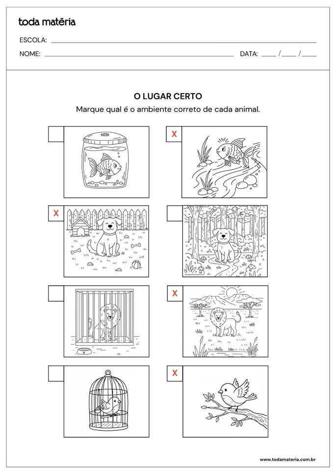 Atividades de identificar ambientes corretos dos animais dom&eacute;sticos e selvagens para 1&ordm; e 2&ordm; anos_respostas