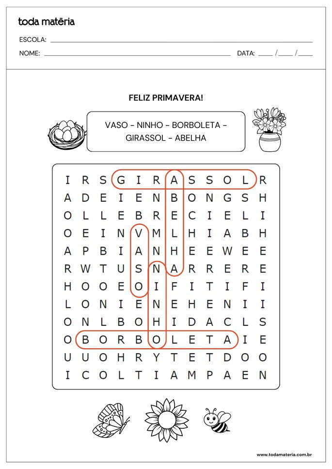 resposta do caça-palavras da primavera para educação infantil