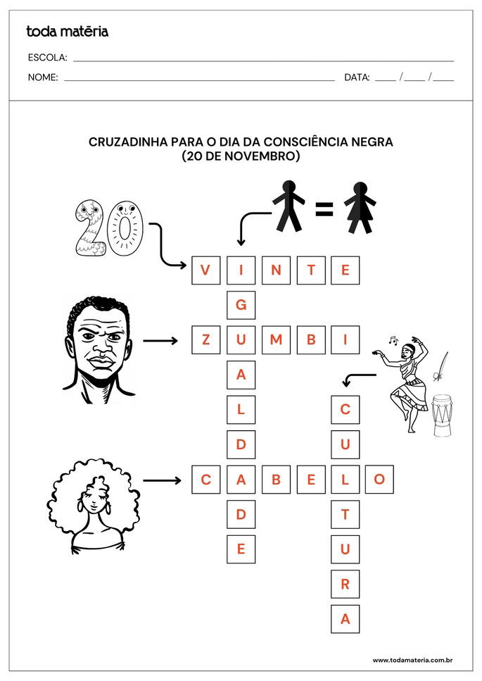 folha de respostas cruzadinha para crianças sobre o dia da consciência negra