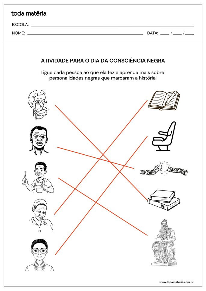 folha de resposta de atividade infantil de ligar personalidades ao que elas fizeram para o dia da consciência negra
