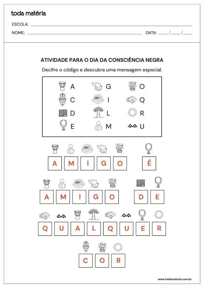folha de resposta de atividade infantil de decifrar código para o dia da consciência negra