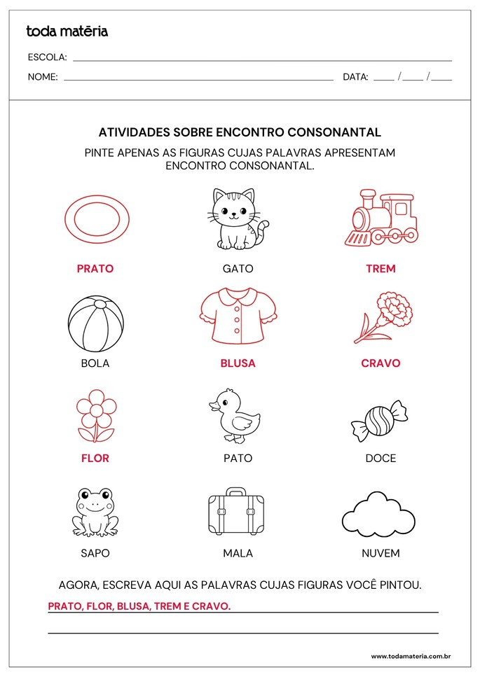 respostas de atividade sobre encontro consonantal para pintar e escrever