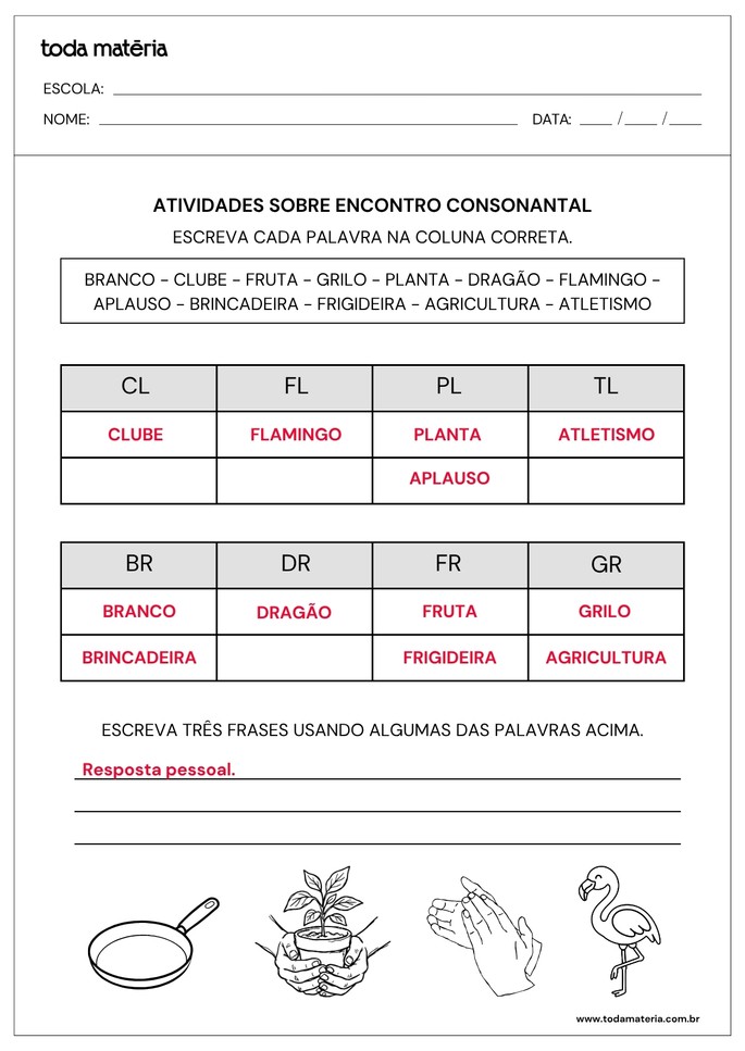 resposta de atividade sobre encontro consonantal para escrever na coluna correta