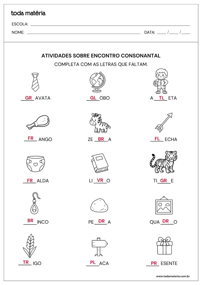 resposta de atividade de complete sobre encontro consonantal