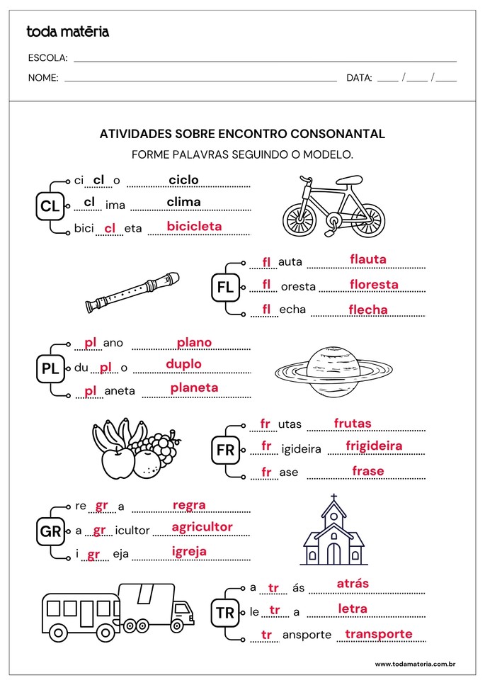 resposta de atividade de completar e escrever palavras com encontro consonantal