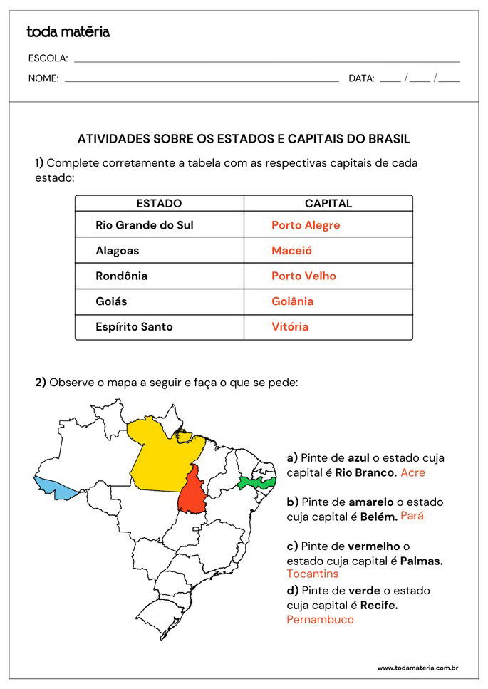 Folha de resposta 1 - Estados e capitais brasileiras