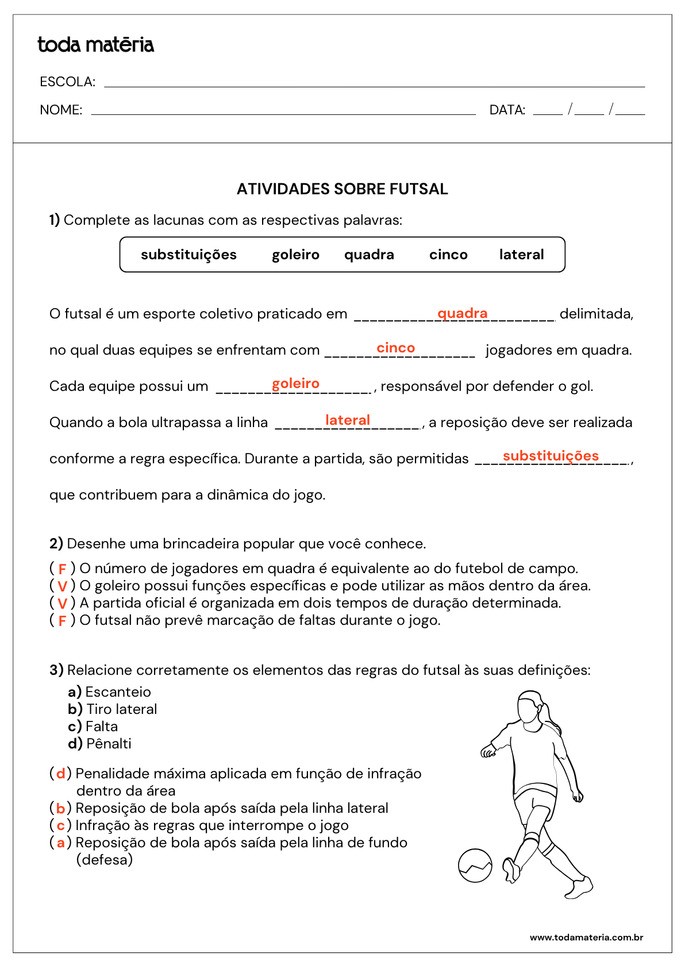 Gabarito Atividade 1 sobre as regras do futsal