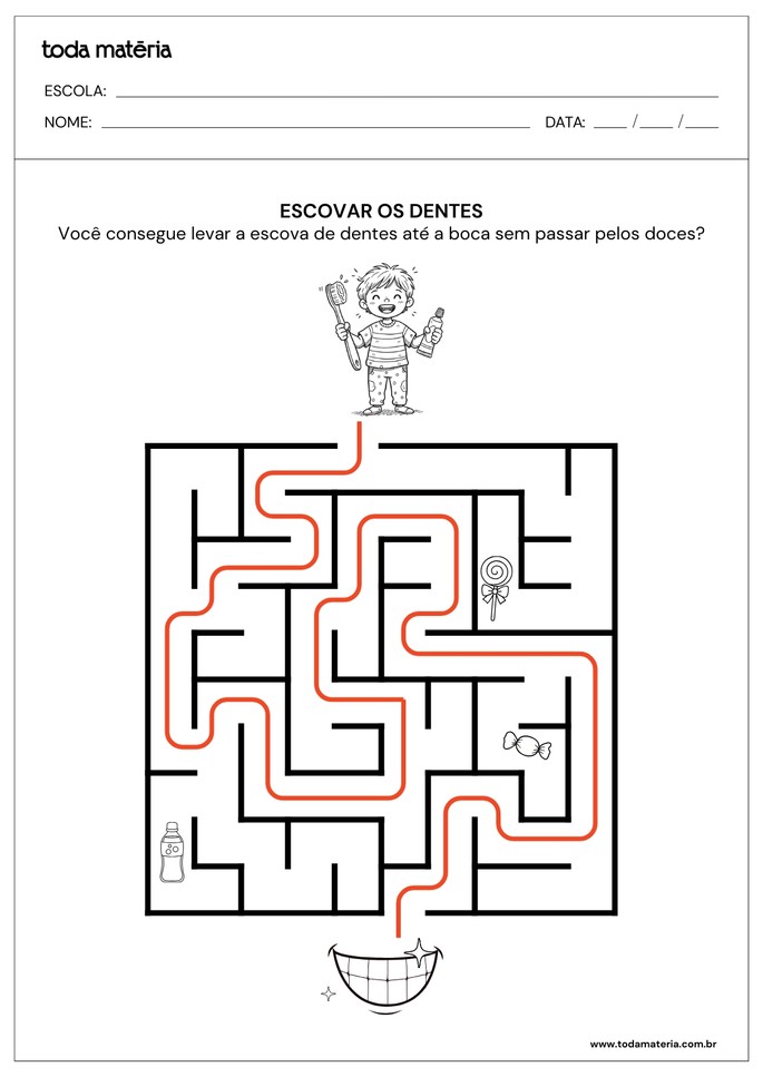 Atividade sobre higiene para educação infantil com labirinto de escovação dos dentes_respostas