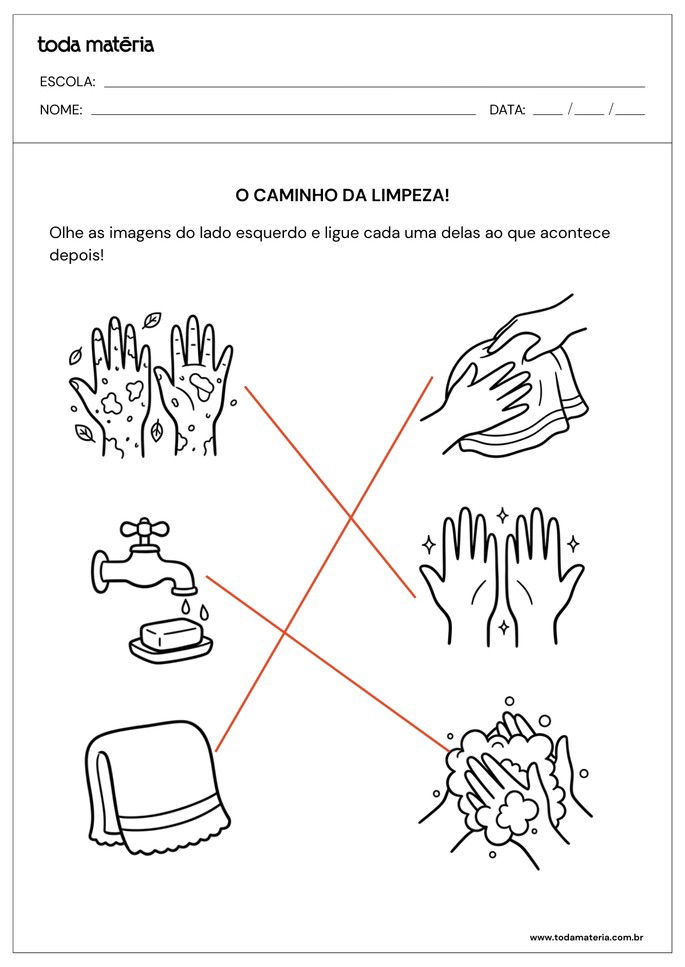 Atividade sobre higiene para educação infantil com ligue de lavagem das mãos_respostas