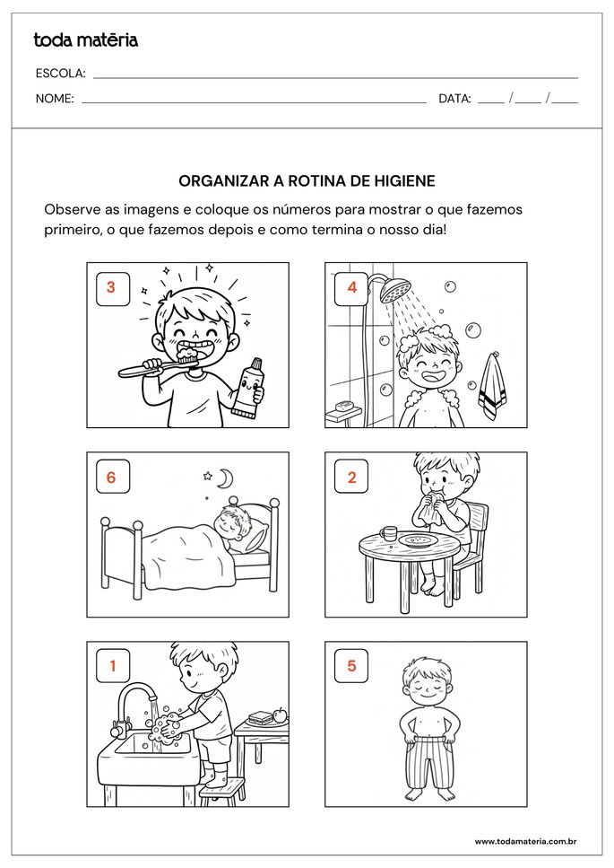 Atividade para educação infantil para ordenar a rotina de higiene_respostas