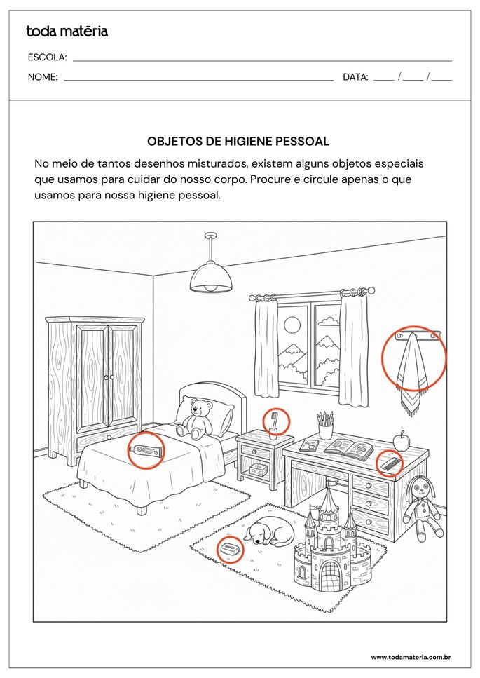 Atividade sobre higiene para educação infantil para identificar objetos de higiene_respostas