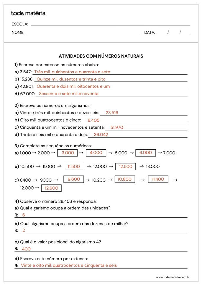 respostas de quatro atividades diversas sobre números naturais