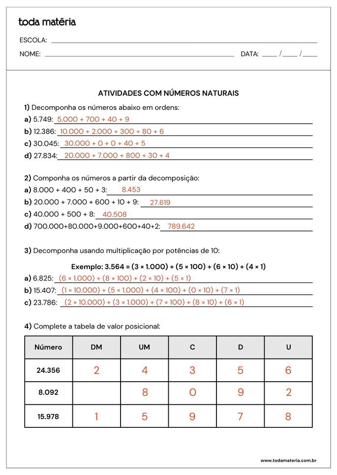 respostas de atividades de compor e decompor sobre números naturais