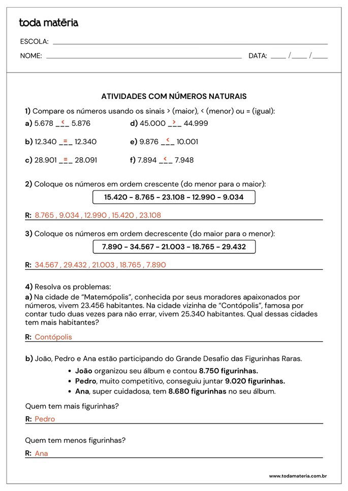 respostas de atividades de maior, menor e igual, crescente e decrescente sobre números naturais