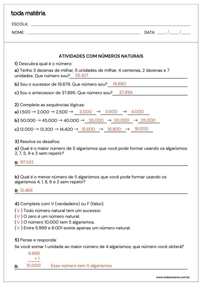 respostas de atividades de sequências e verdadeiro ou falso sobre números naturais