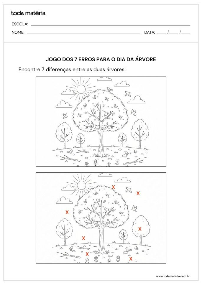 folha de resposta de atividade para o dia da árvore para encontrar 7 diferenças em imagens de árvores com nuvens e passarinhos
