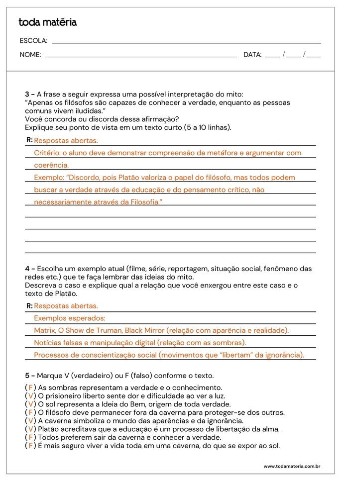 Resposta da folha de atividades sobre o Mito da Caverna de Platão para o Ensino Médio