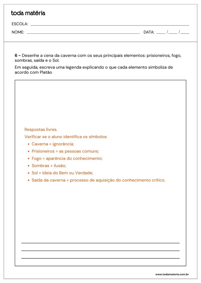 Resposta da folha de atividades sobre o Mito da Caverna de Platão para o Ensino Médio