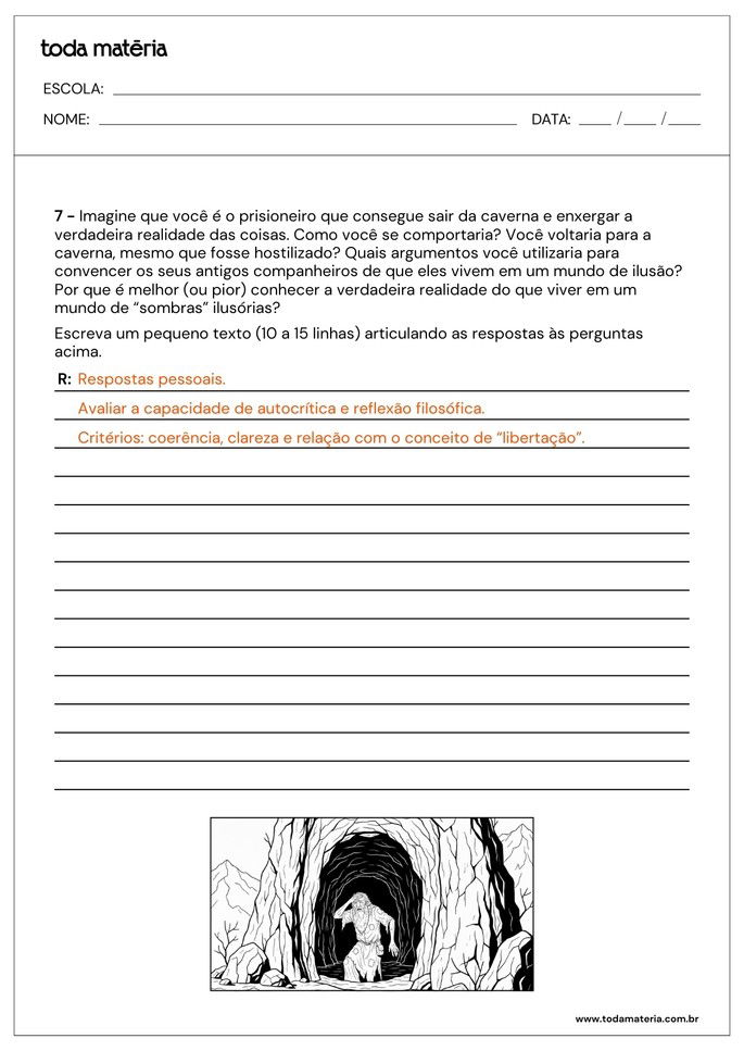 Resposta da folha de atividades sobre o Mito da Caverna de Platão para o Ensino Médio