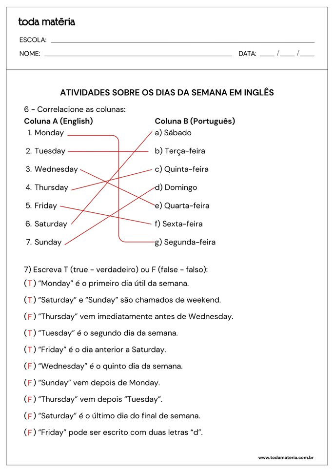 atividades de correlacione e de verdadeiro ou falso de dias da semana em inglês_gabarito
