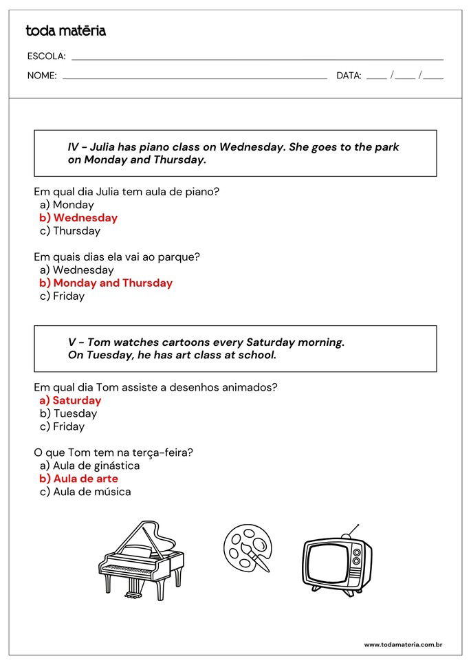 atividades de múltipla escolha sobre dias da semana em inglês_folha2_respostas
