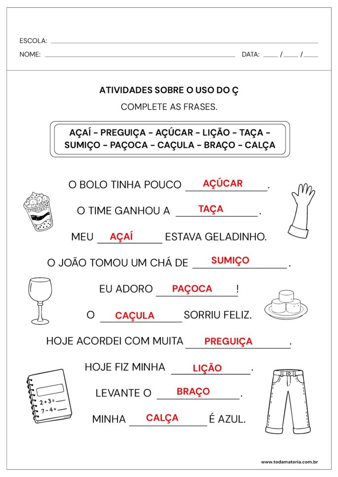 resposta de atividade de complete frases sobre o uso do &ccedil;