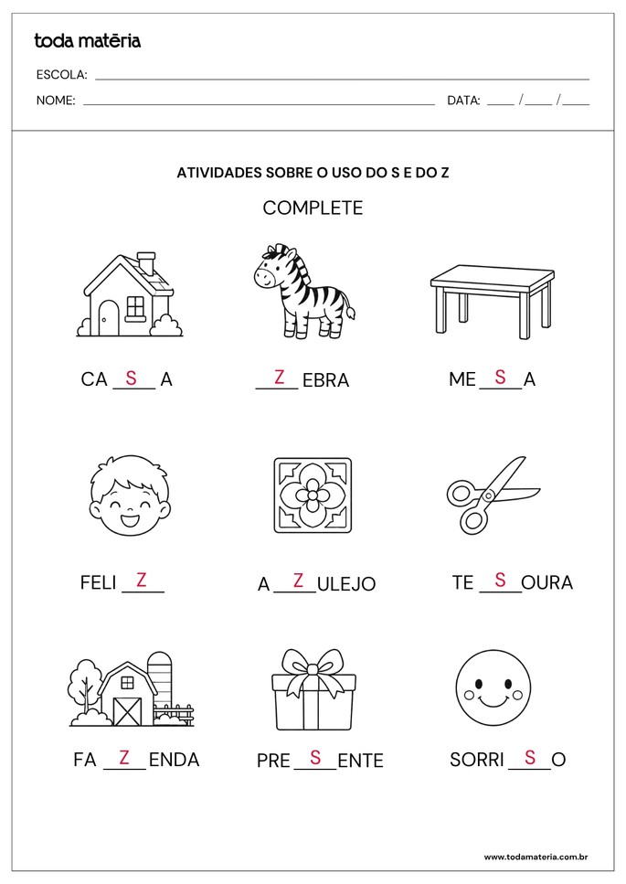 Respostas de atividade de completar palavras com S e Z