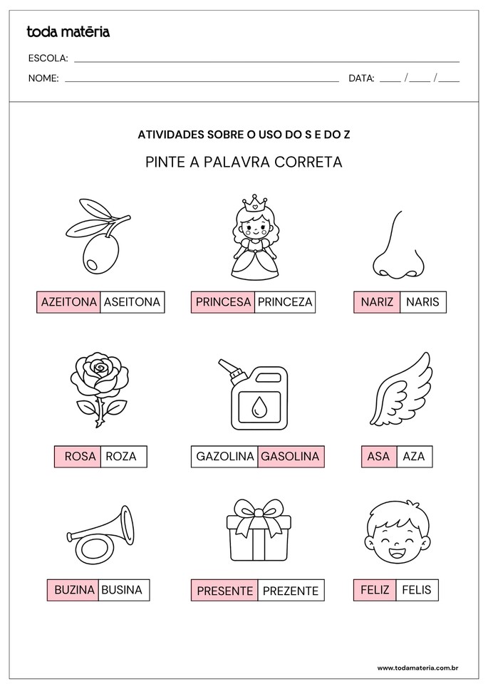 Respostas de atividade de pintar palavras corretas com S e Z